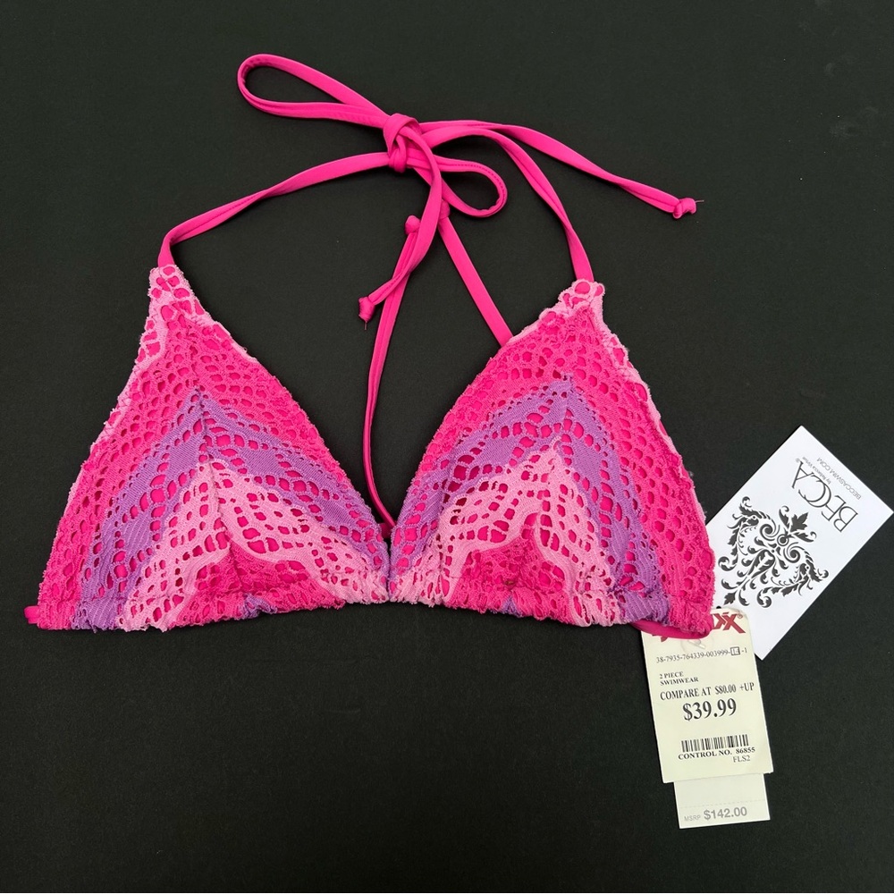 NWT BECCA Pink & Purple Triangle Crochet Halter Bikini Top